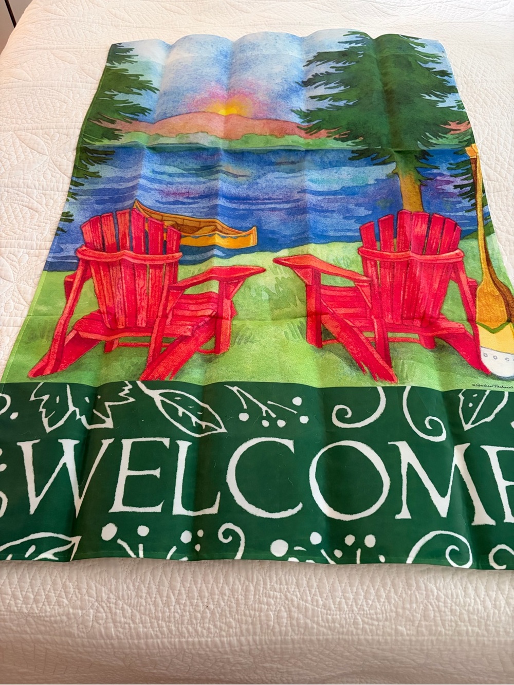 EVERGREEN House Flag Artist Andrea Tachiera. Red Adirondack Sunset.30”W, 43.5”L